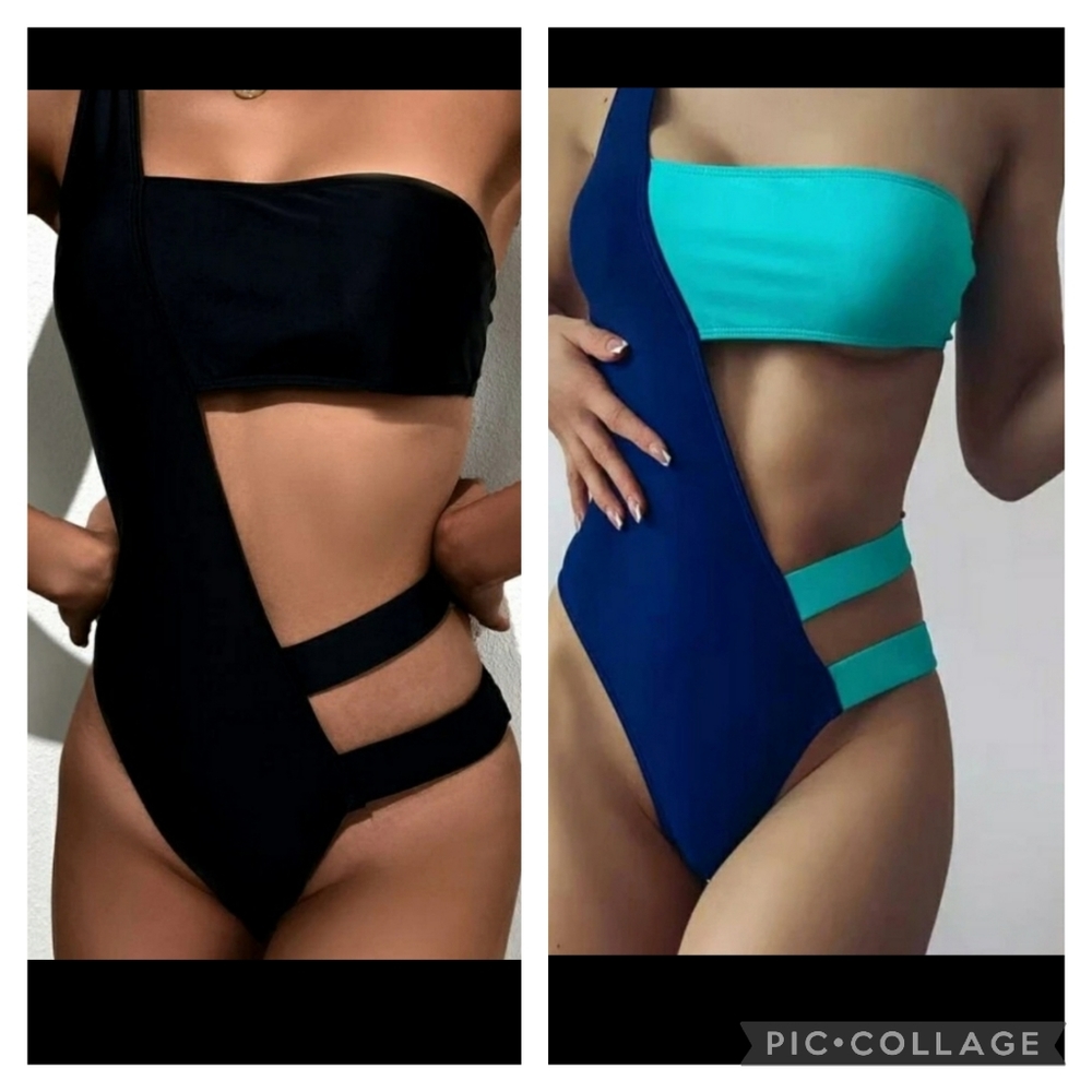 💕 Shein Lot 2 Cut-Out One Shoulder One Piece Swimsuit Large Black Blue